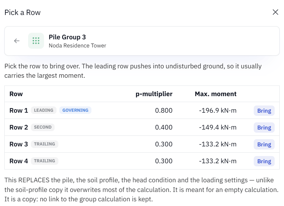 Open a row in the single pile analysis