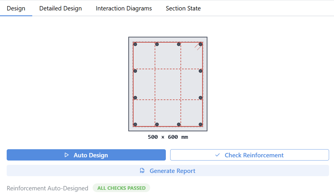 The Design tab. In the middle the drawing of the column section with its bars in place; below it the Auto Design and Check Reinforcement buttons with the Generate Report button; at the bottom the line reporting that the reinforcement was auto-designed and that all checks passed.