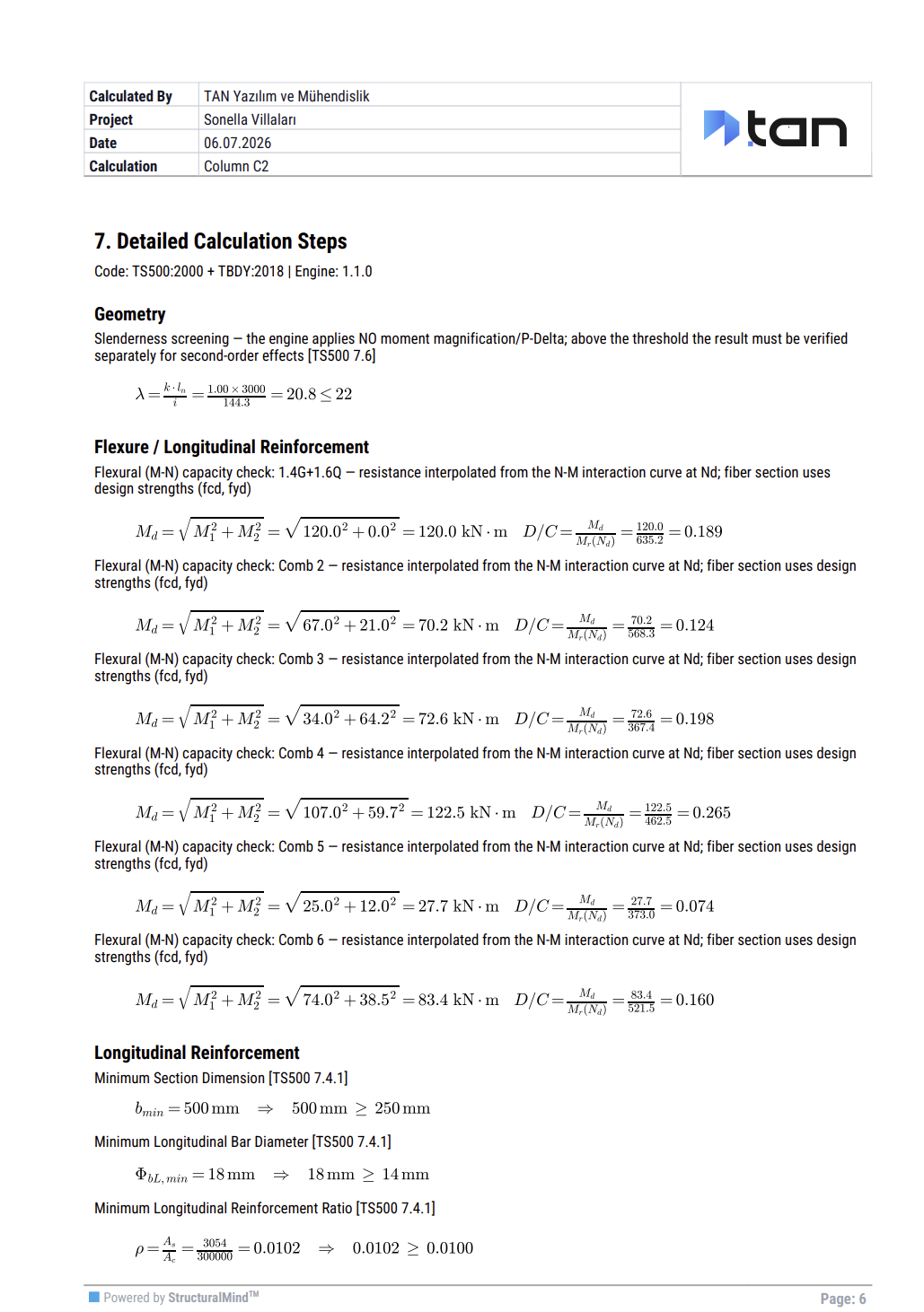 The detailed calculation steps section of the report. The slenderness screening, the flexural check per combination and the longitudinal reinforcement rules. Each step carries its clause number, formula and numerical result.